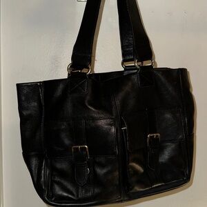 Gap Black Leather Tote Bag | Front Pocket Shoulder Bag